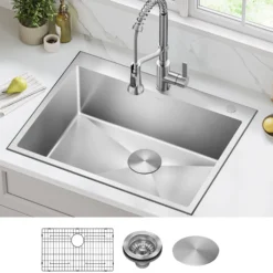 28” Drop In / Undermount 16 Gauge Single Bowl 2-Hole Stainless Steel Kitchen Sink