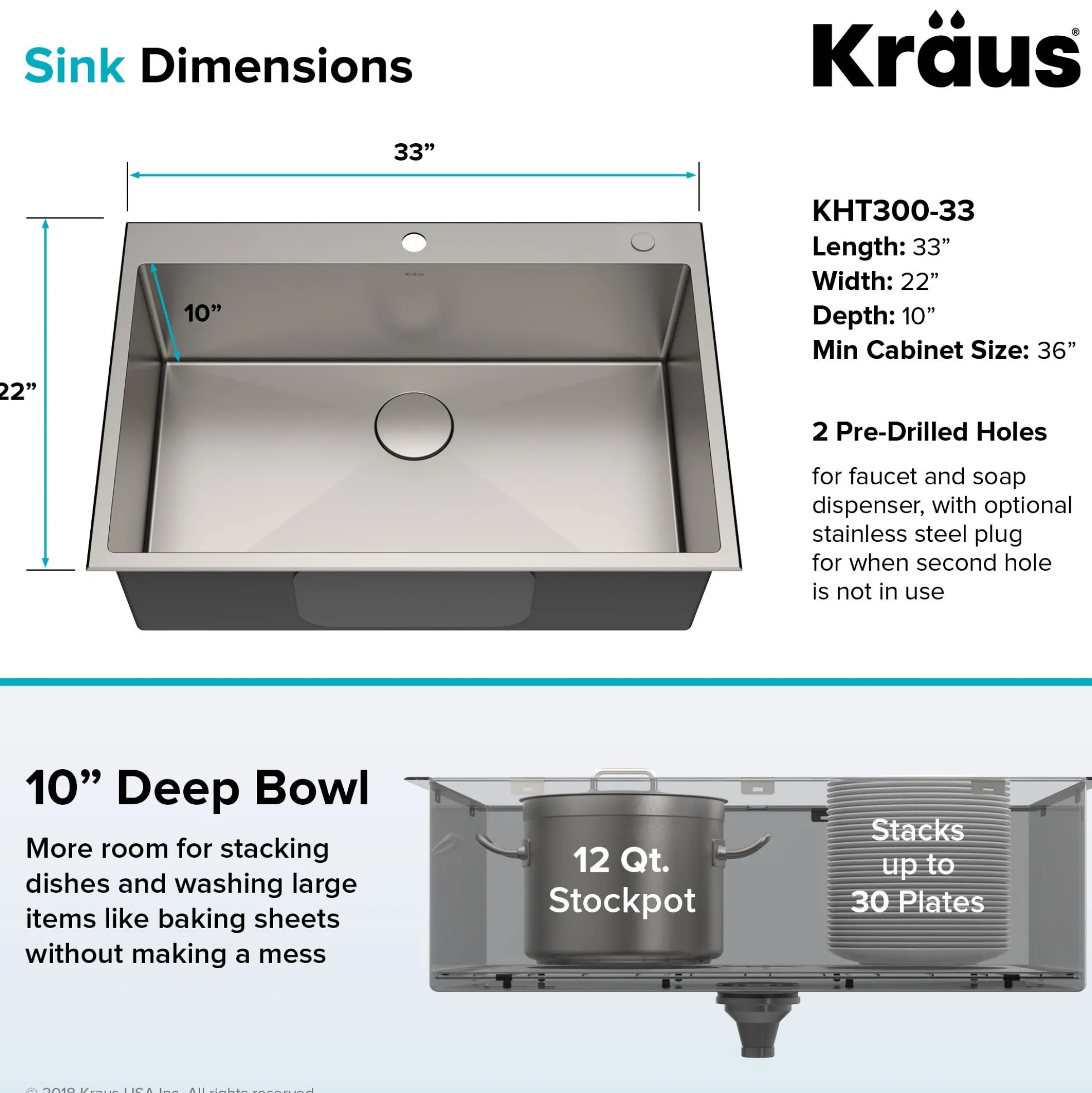 33" Drop In / Undermount 16 Gauge Single Bowl 2-Hole Stainless Steel Kitchen Sink