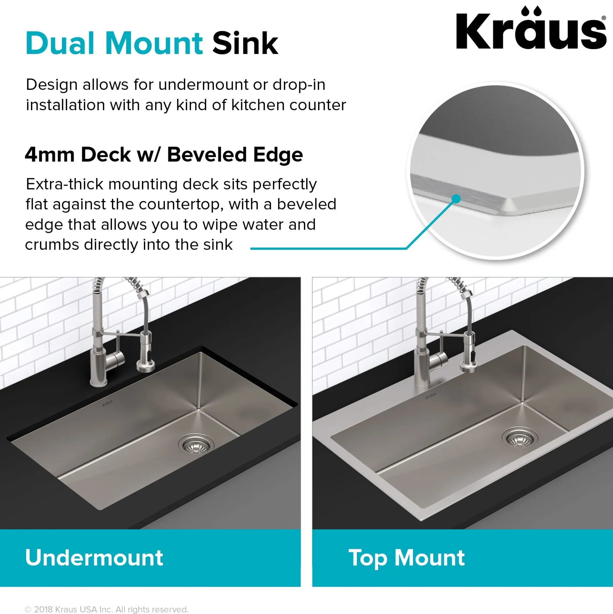 33" Drop In / Undermount 16 Gauge Single Bowl 2-Hole Stainless Steel Kitchen Sink