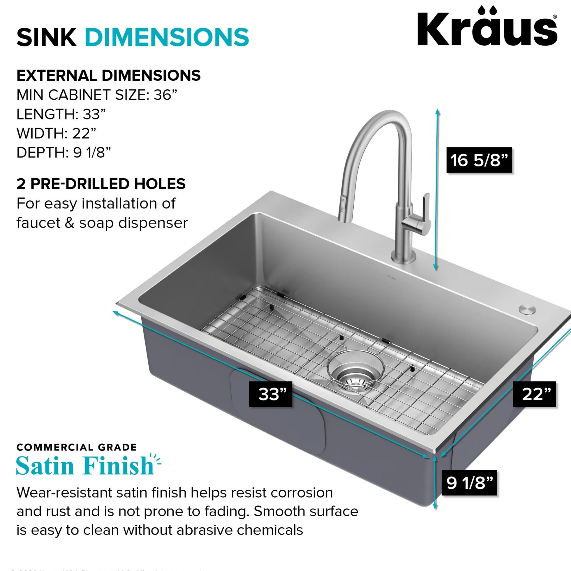 33” Drop-In / Undermount 18 Gauge Stainless Steel Single Bowl Kitchen Sink and Pull-Down Faucet in Spot-Free Stainless Steel Finish