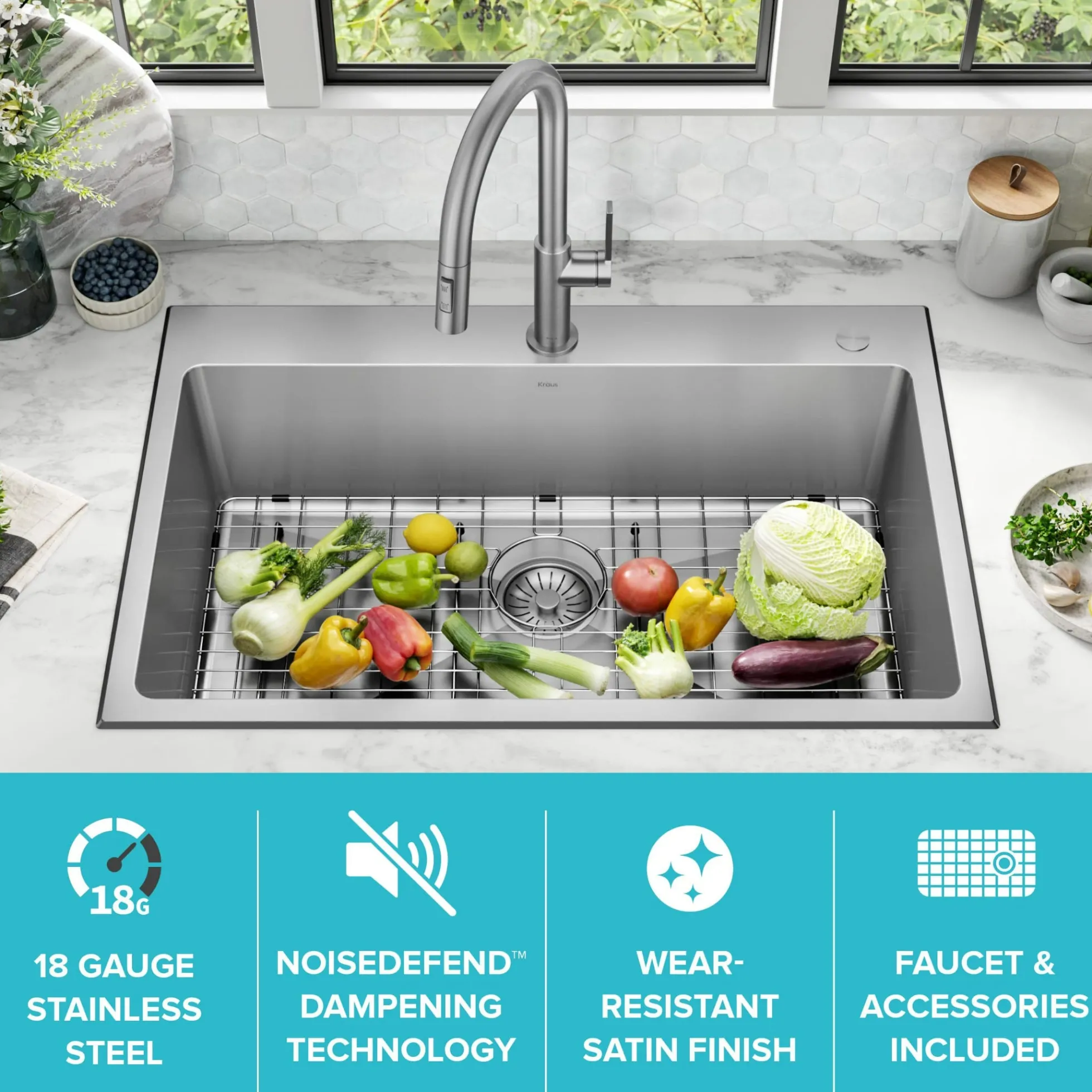 33” Drop-In / Undermount 18 Gauge Stainless Steel Single Bowl Kitchen Sink and Pull-Down Faucet in Spot-Free Stainless Steel Finish