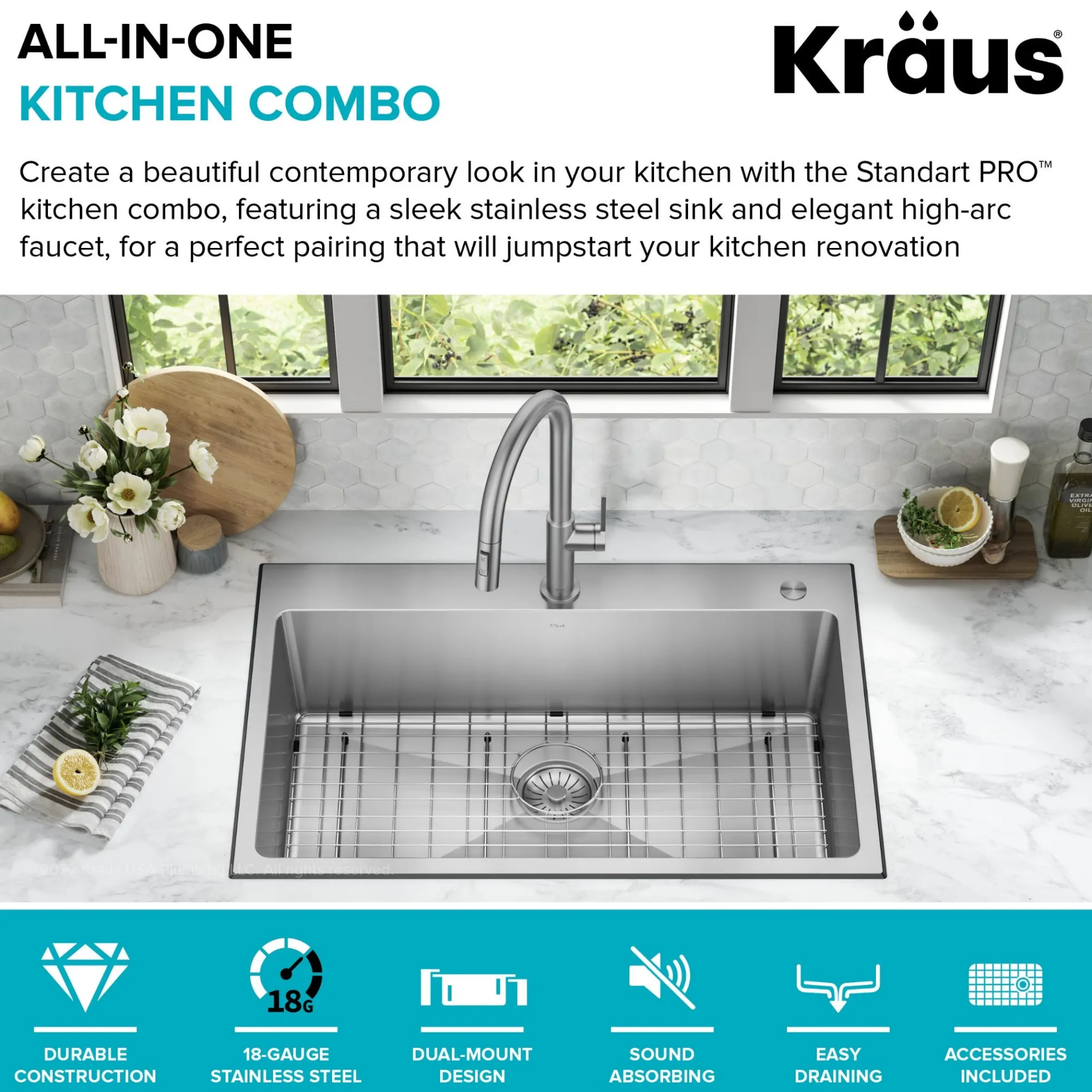 33” Drop-In / Undermount 18 Gauge Stainless Steel Single Bowl Kitchen Sink and Pull-Down Faucet in Spot-Free Stainless Steel Finish