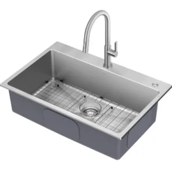 33” Drop-In / Undermount 18 Gauge Stainless Steel Single Bowl Kitchen Sink and Pull-Down Faucet in Spot-Free Stainless Steel Finish