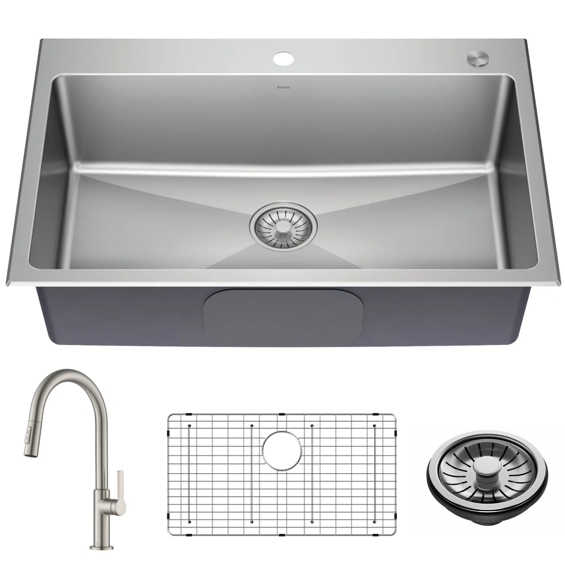 33” Drop-In / Undermount 18 Gauge Stainless Steel Single Bowl Kitchen Sink and Pull-Down Faucet in Spot-Free Stainless Steel Finish