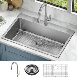 33” Drop-In / Undermount 18 Gauge Stainless Steel Single Bowl Kitchen Sink and Pull-Down Faucet in Spot-Free Stainless Steel Finish