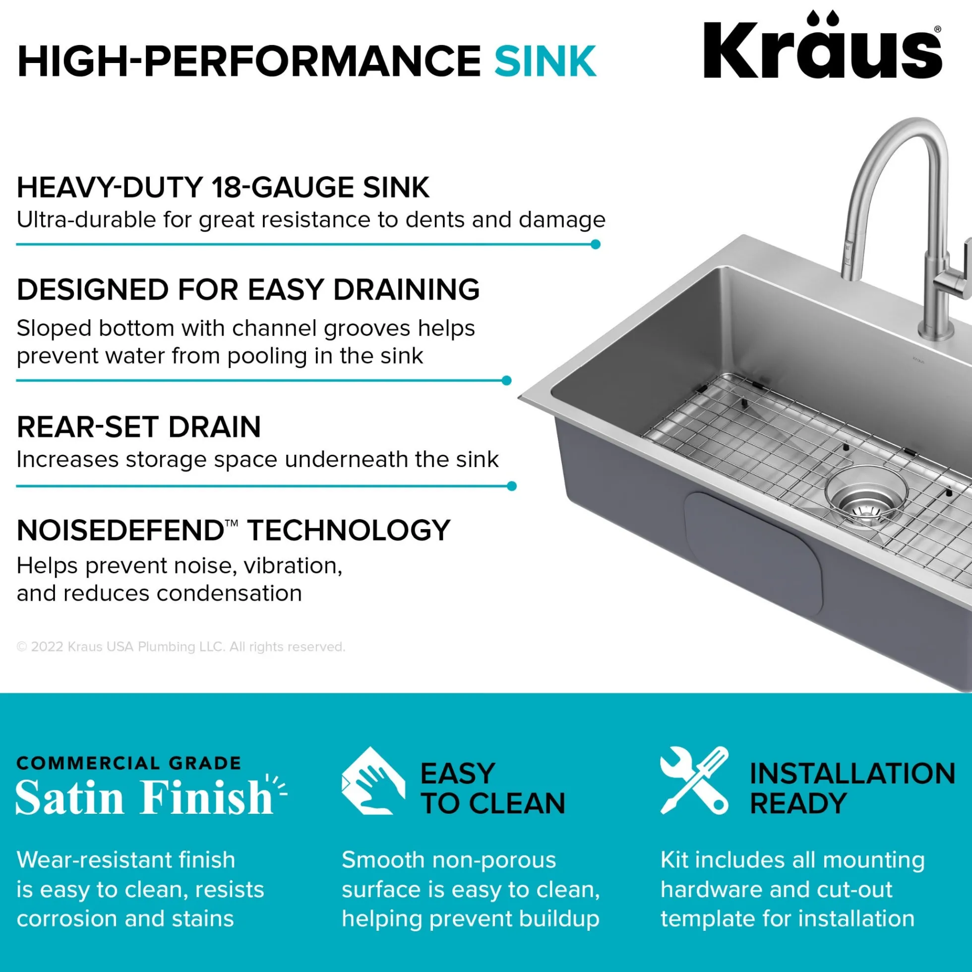 33” Drop-In / Undermount 18 Gauge Stainless Steel Single Bowl Kitchen Sink and Pull-Down Faucet in Spot-Free Stainless Steel Finish