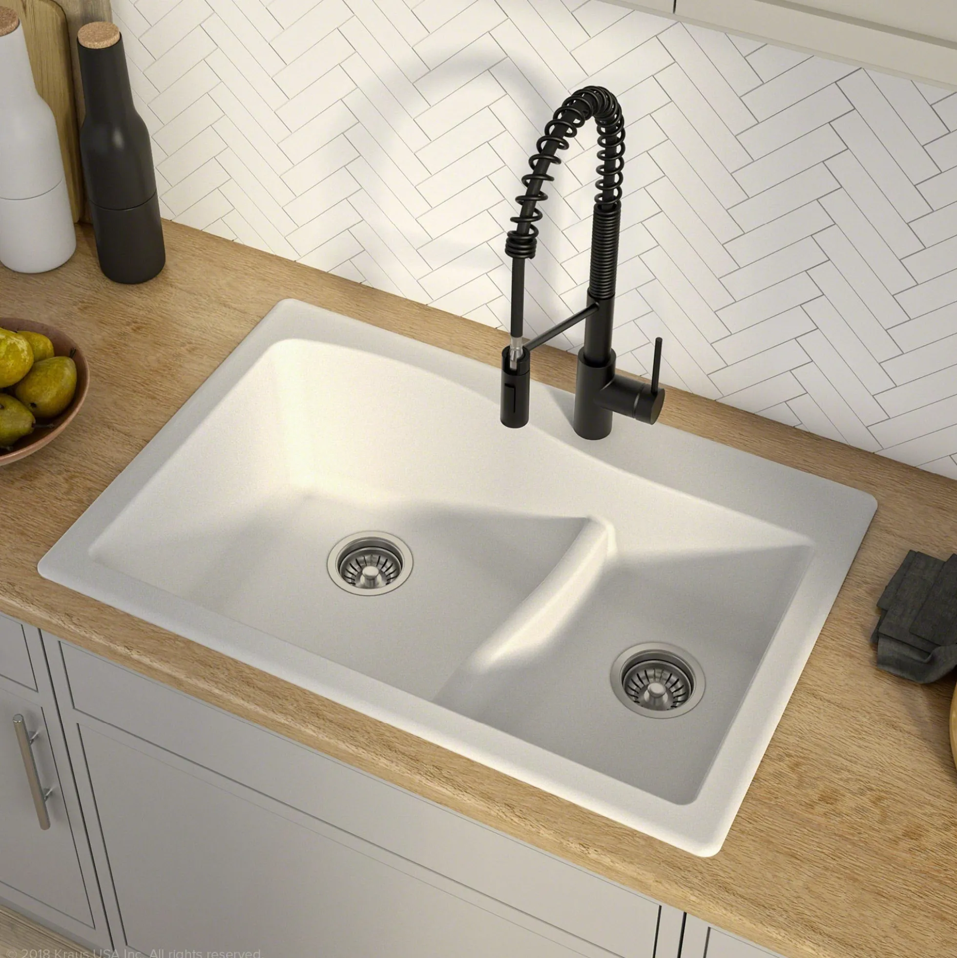 33" Drop-In/Undermount Granite 60/40 Double Bowl Kitchen Sink and Strainers in White