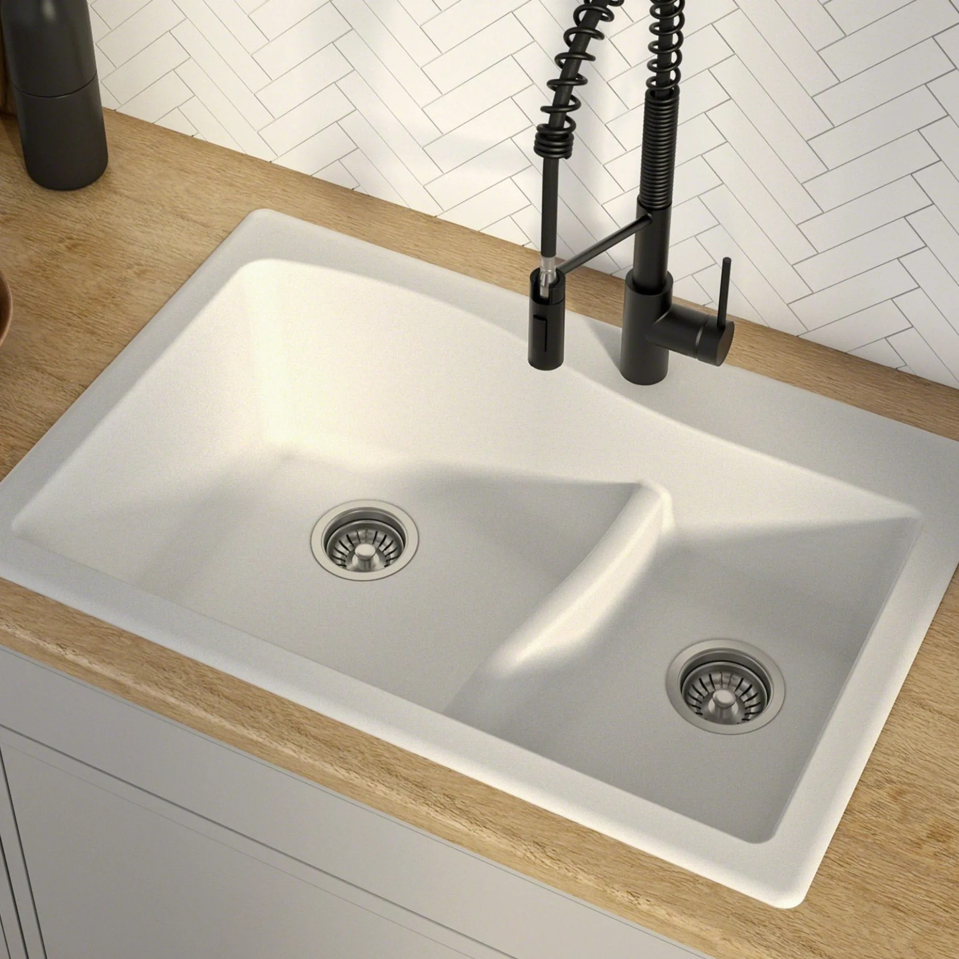 33" Drop-In/Undermount Granite 60/40 Double Bowl Kitchen Sink and Strainers in White