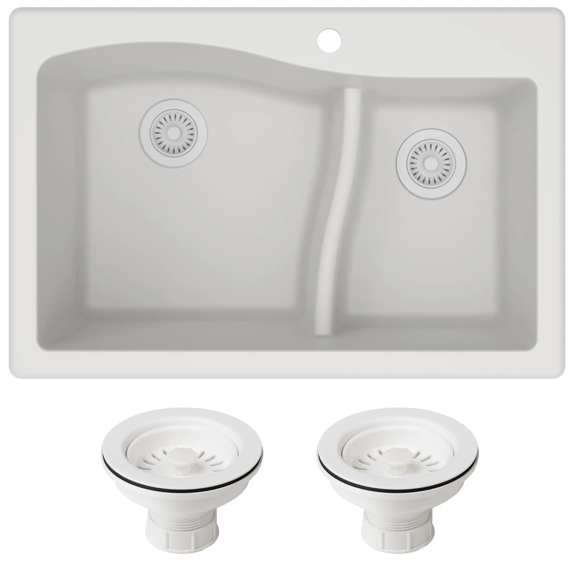 33" Drop-In/Undermount Granite 60/40 Double Bowl Kitchen Sink and Strainers in White