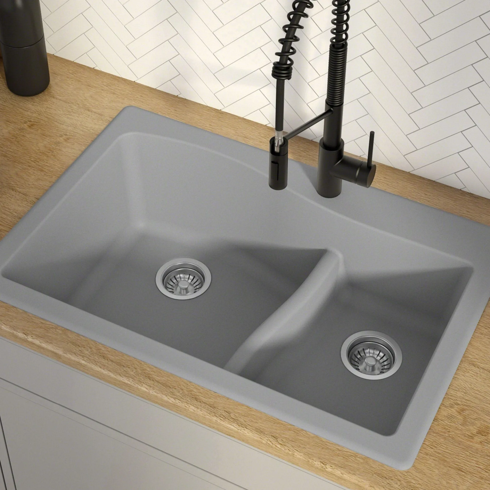 33" Drop-In/Undermount Granite 60/40 Double Bowl Kitchen Sink and Strainers in Grey