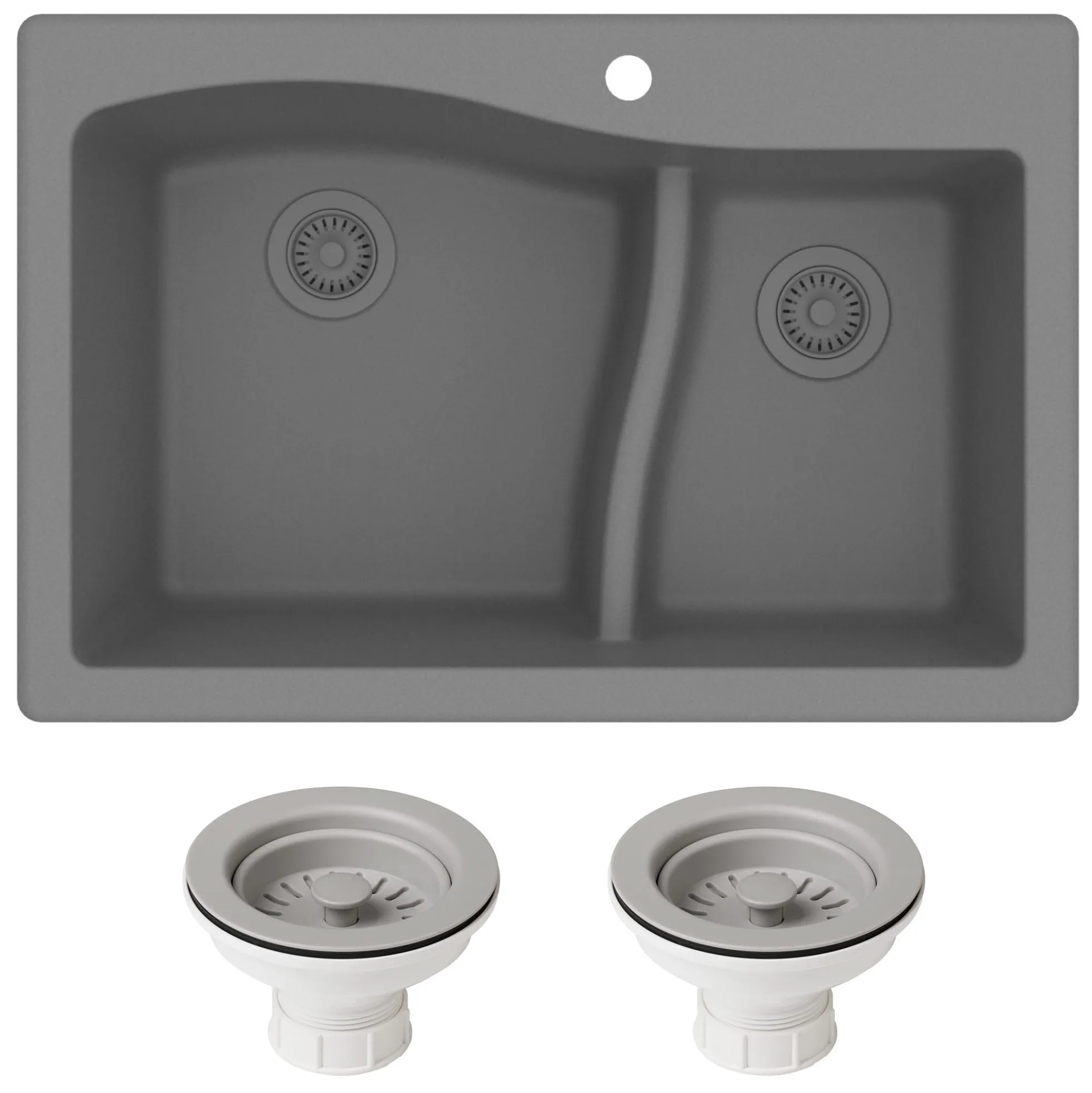 33" Drop-In/Undermount Granite 60/40 Double Bowl Kitchen Sink and Strainers in Grey