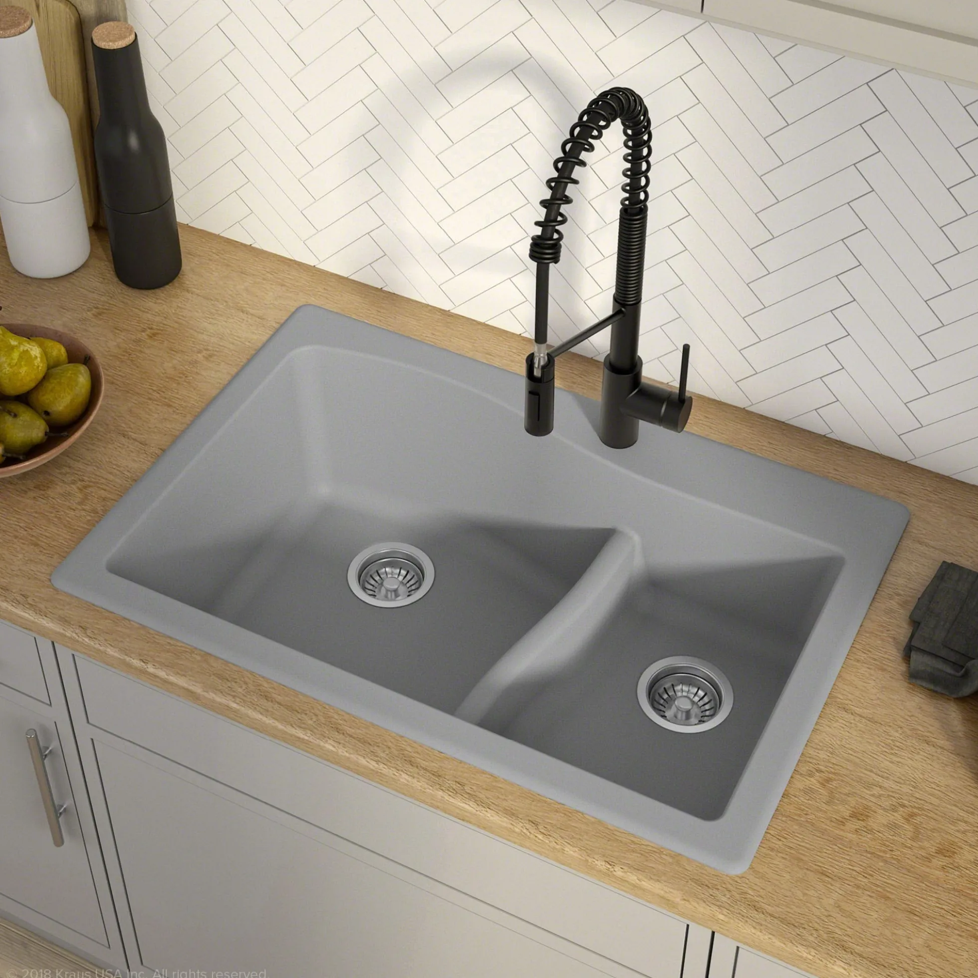 33" Drop-In/Undermount Granite 60/40 Double Bowl Kitchen Sink and Strainers in Grey
