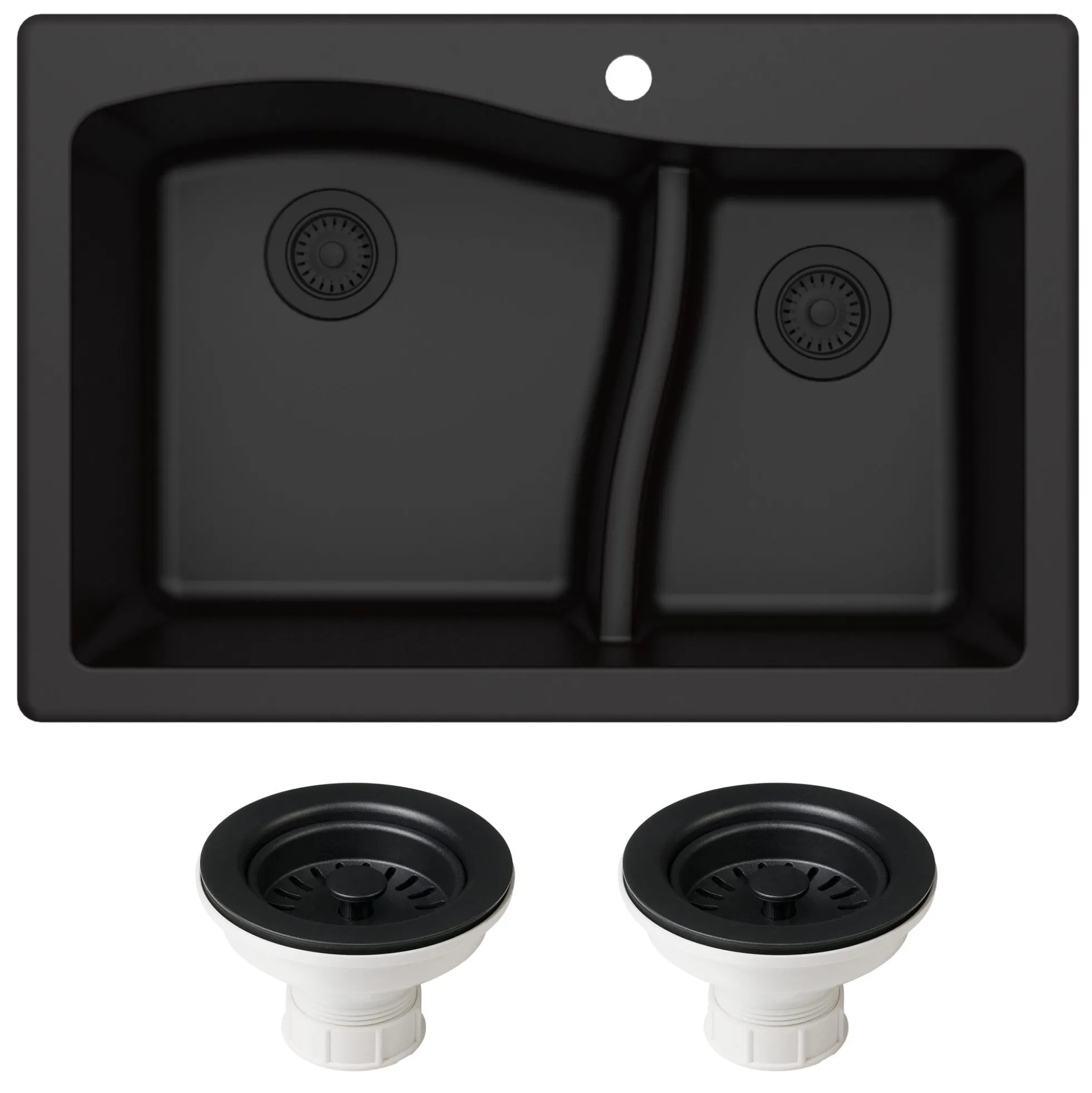 33" Drop-In/Undermount Granite 60/40 Double Bowl Kitchen Sink and Strainers in Black