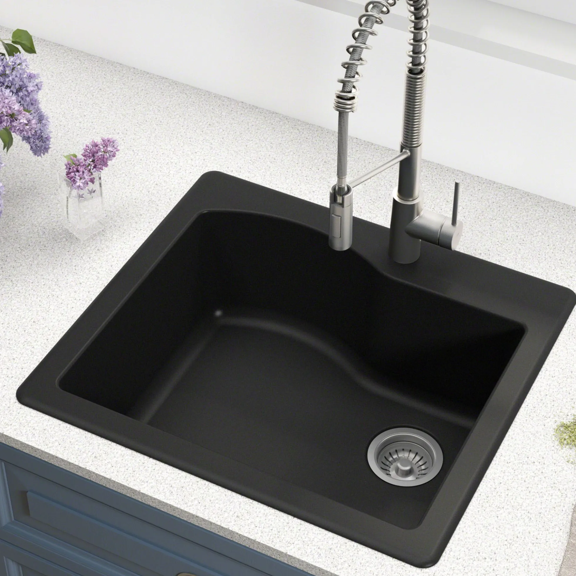 25" Drop-In/Undermount Granite Single Bowl Kitchen Sink and Strainer in Black