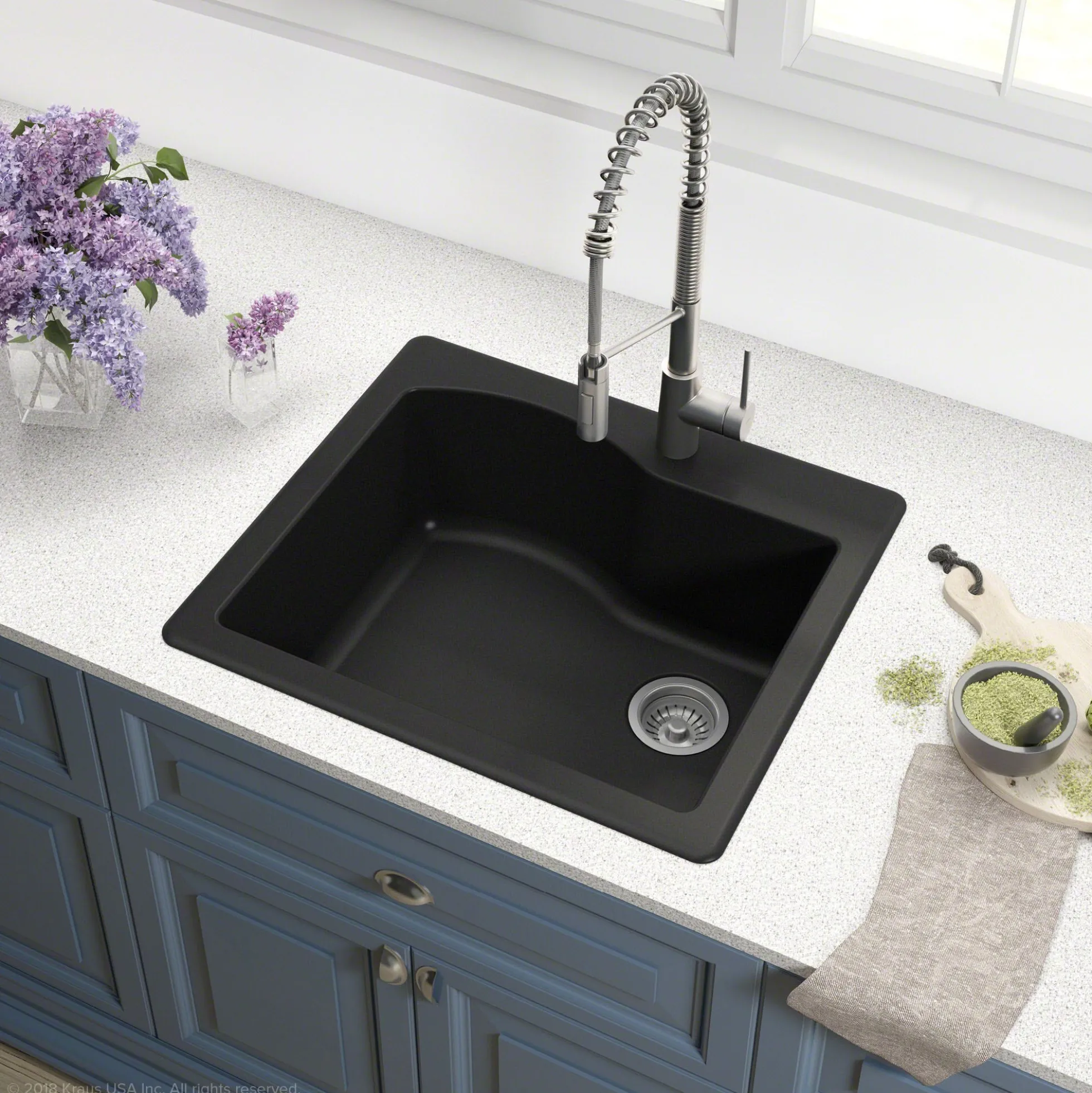 25" Drop-In/Undermount Granite Single Bowl Kitchen Sink and Strainer in Black