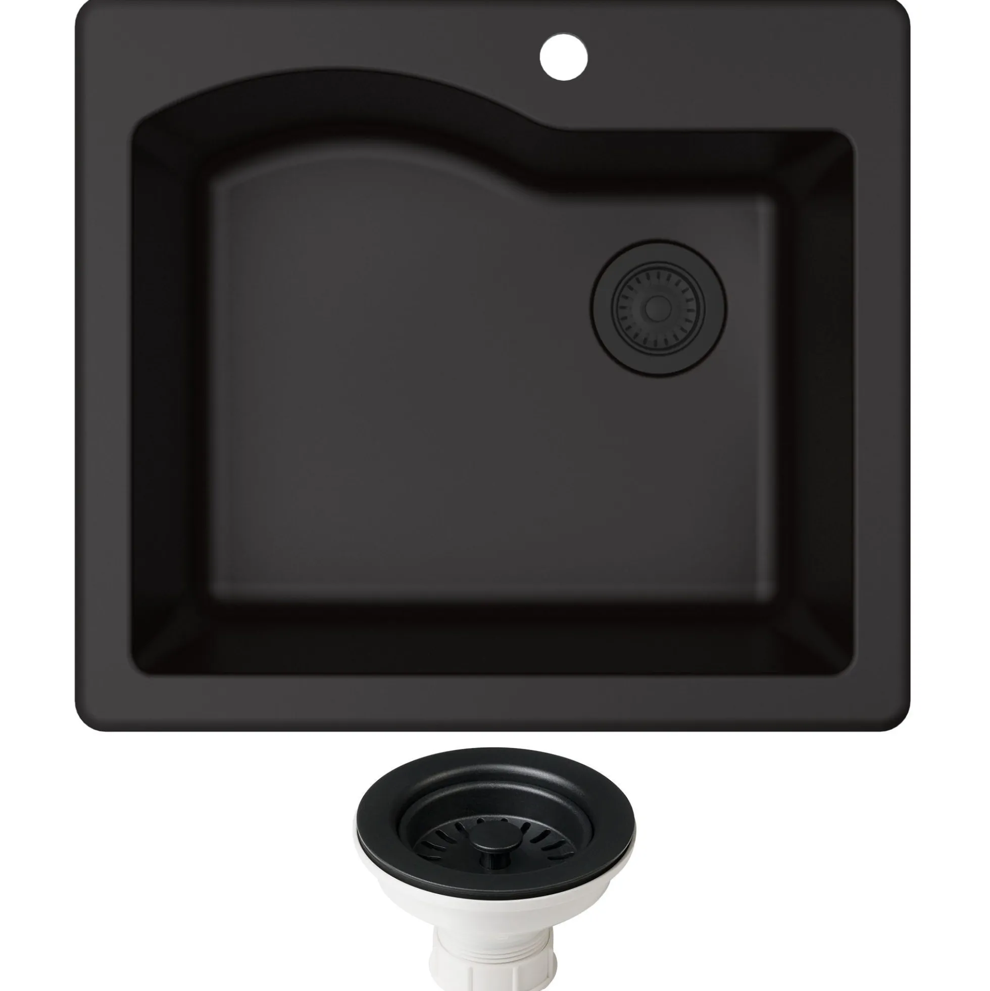 25" Drop-In/Undermount Granite Single Bowl Kitchen Sink and Strainer in Black