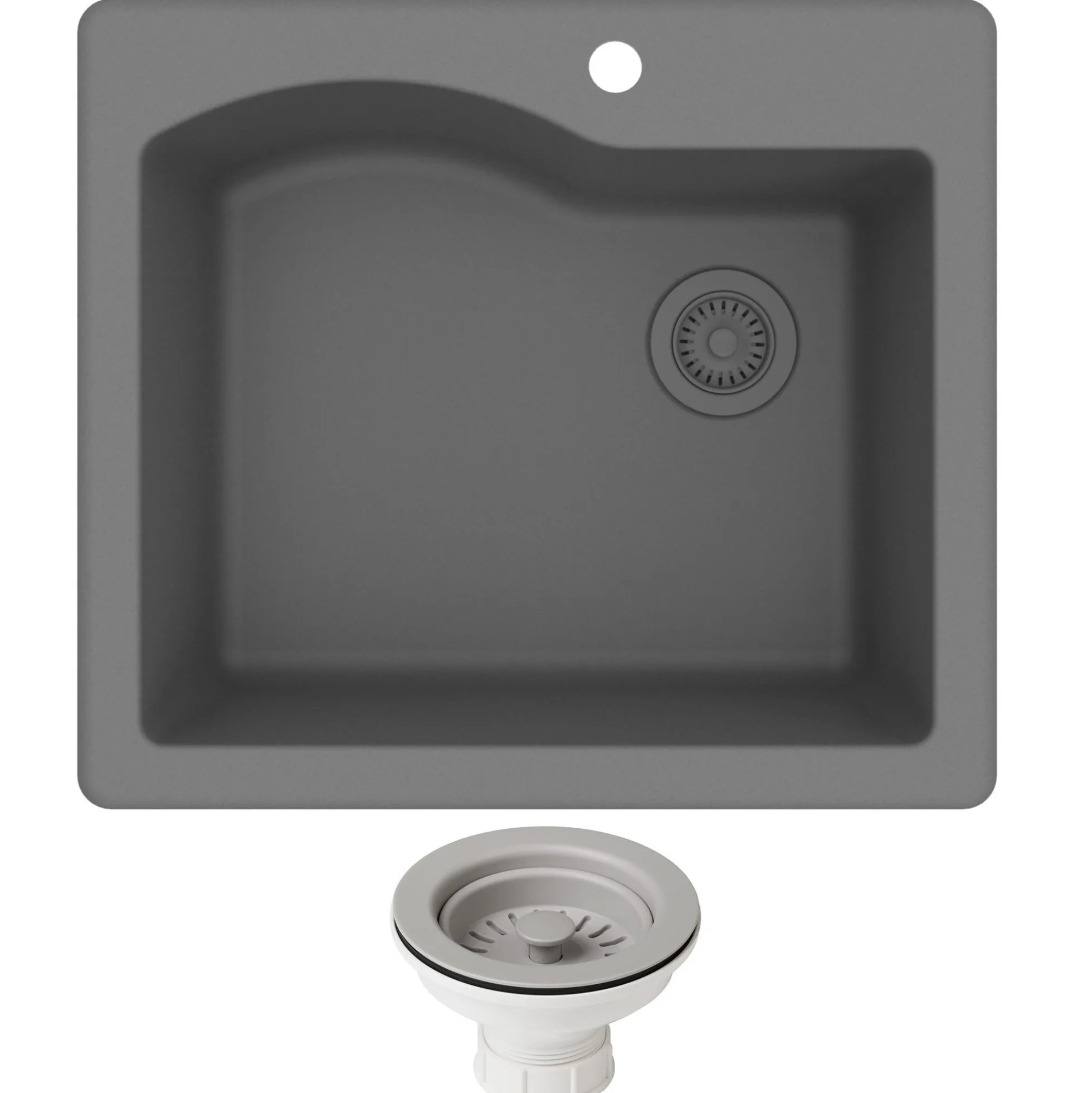 25" Drop-In/Undermount Granite Single Bowl Kitchen Sink and Strainer in Grey