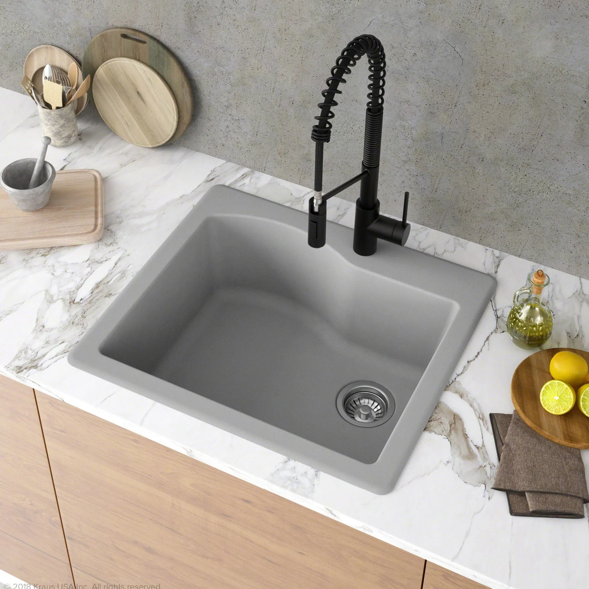 25" Drop-In/Undermount Granite Single Bowl Kitchen Sink and Strainer in Grey