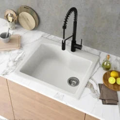 25" Drop-In/Undermount Granite Single Bowl Kitchen Sink and Strainer in White