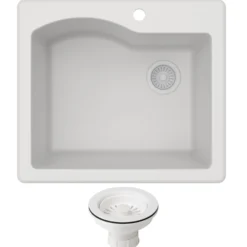 25" Drop-In/Undermount Granite Single Bowl Kitchen Sink and Strainer in White