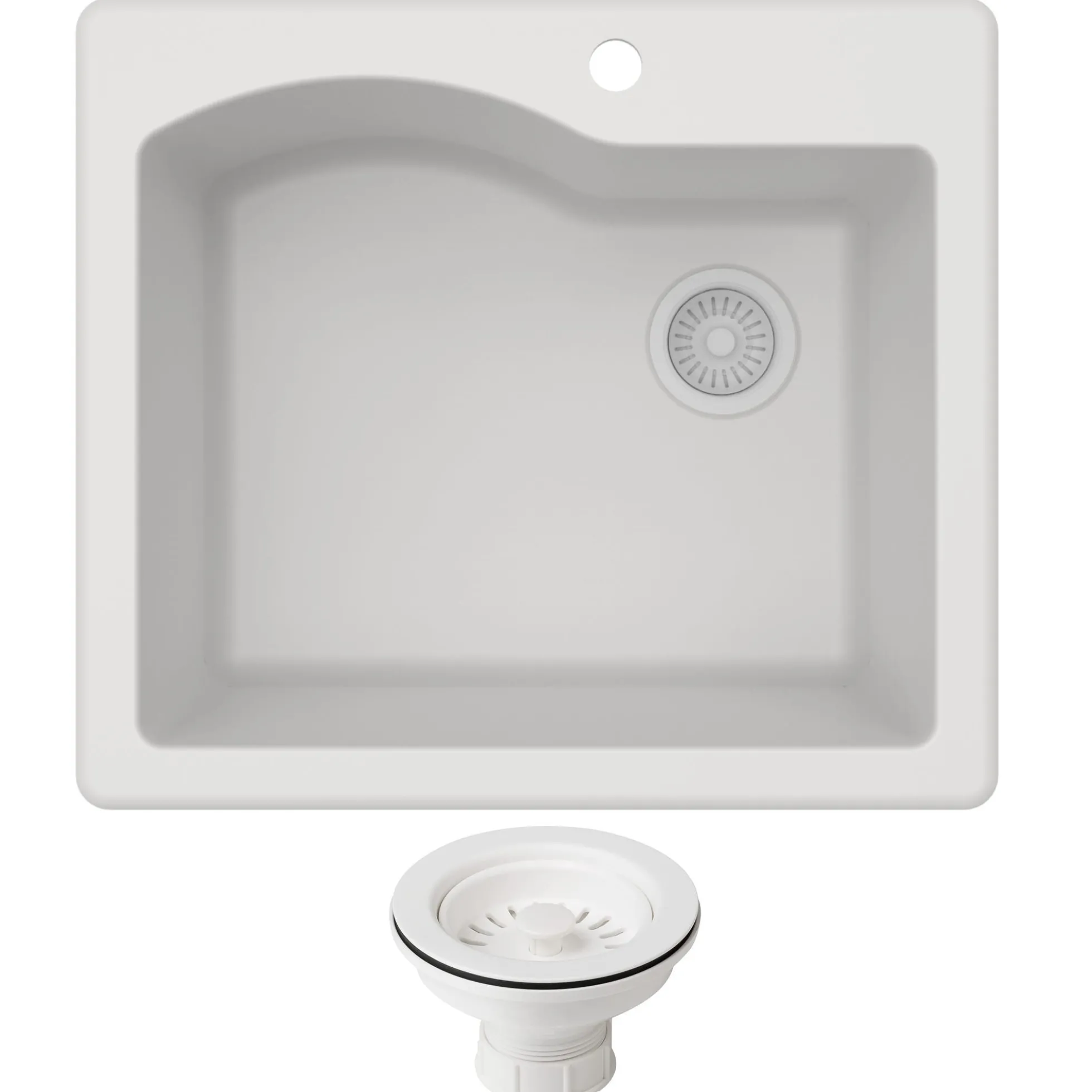 25" Drop-In/Undermount Granite Single Bowl Kitchen Sink and Strainer in White