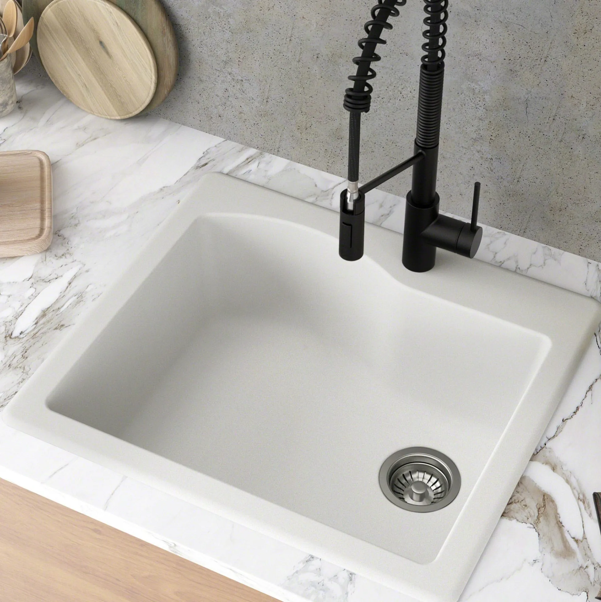 25" Drop-In/Undermount Granite Single Bowl Kitchen Sink and Strainer in White