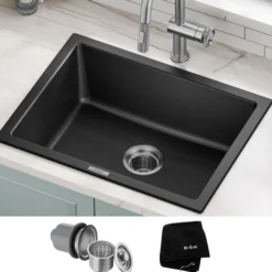 24” Drop-In / Undermount Single Bowl Granite Kitchen Sink in Black Onyx
