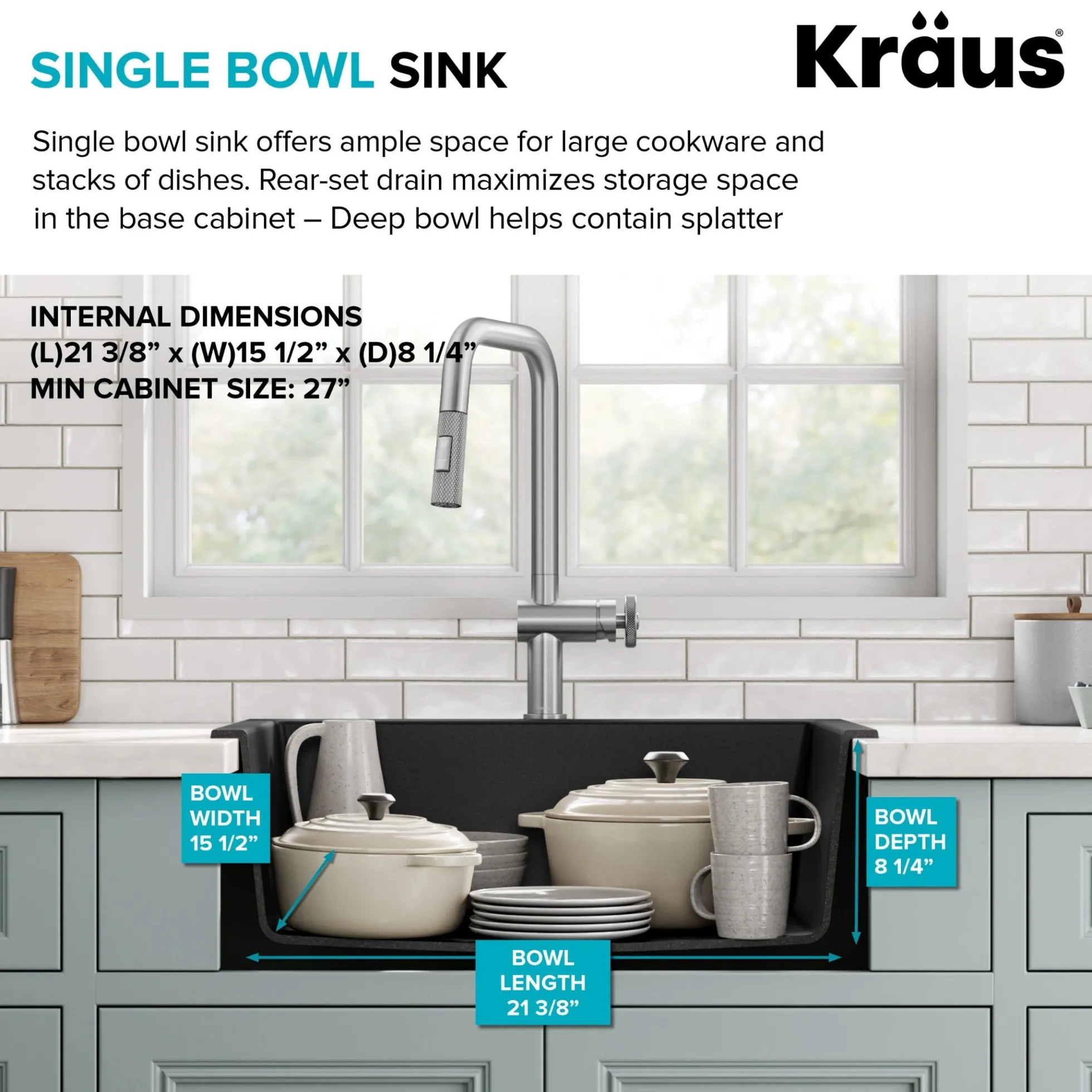 24” Drop-In / Undermount Single Bowl Granite Kitchen Sink in Black Onyx