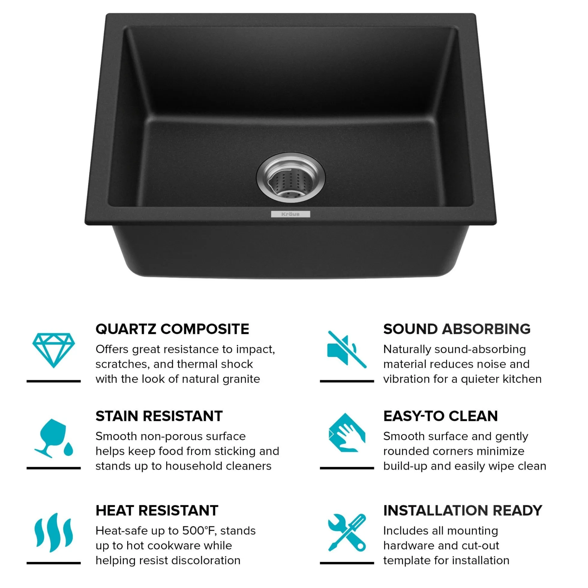 24” Drop-In / Undermount Single Bowl Granite Kitchen Sink in Black Onyx