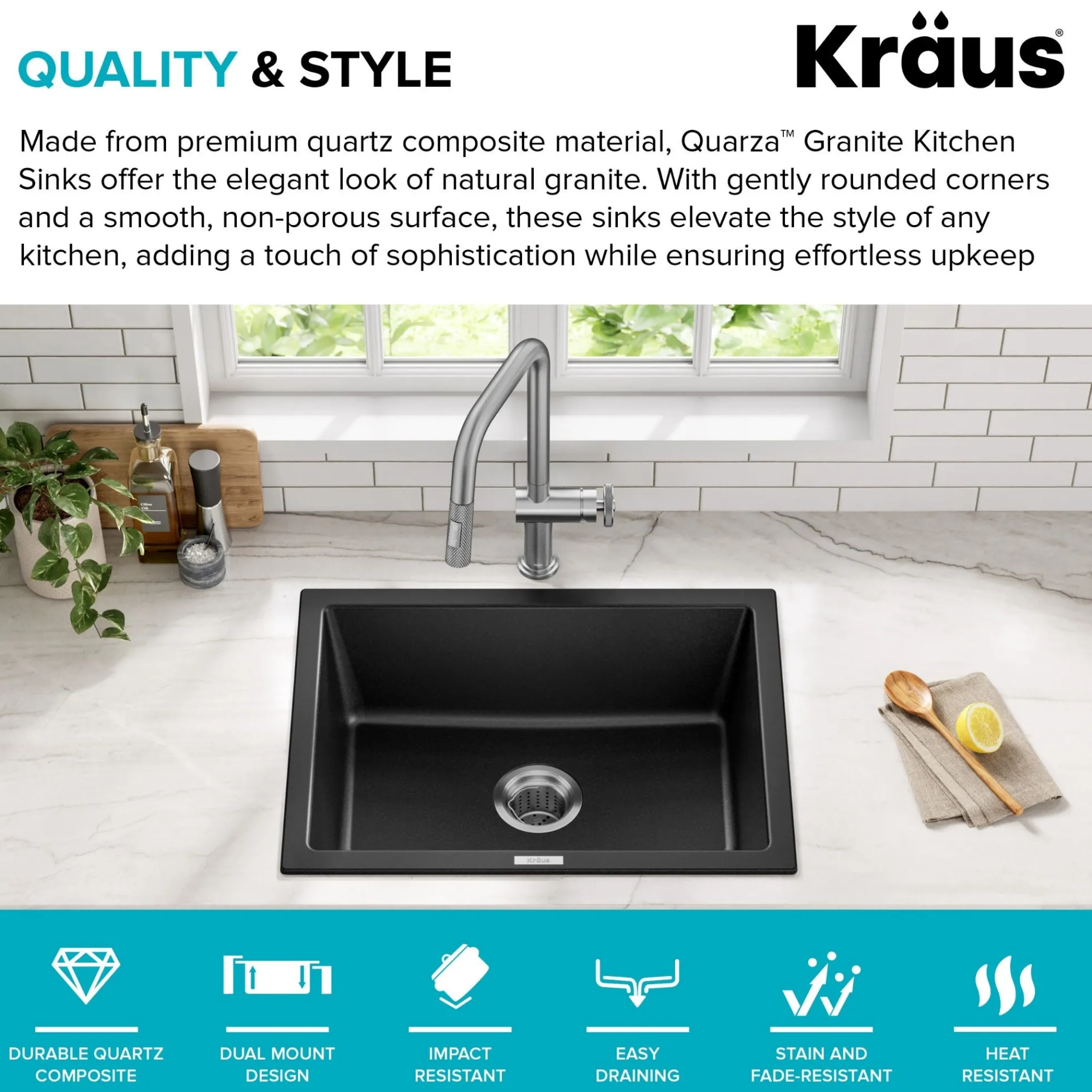 24” Drop-In / Undermount Single Bowl Granite Kitchen Sink in Black Onyx