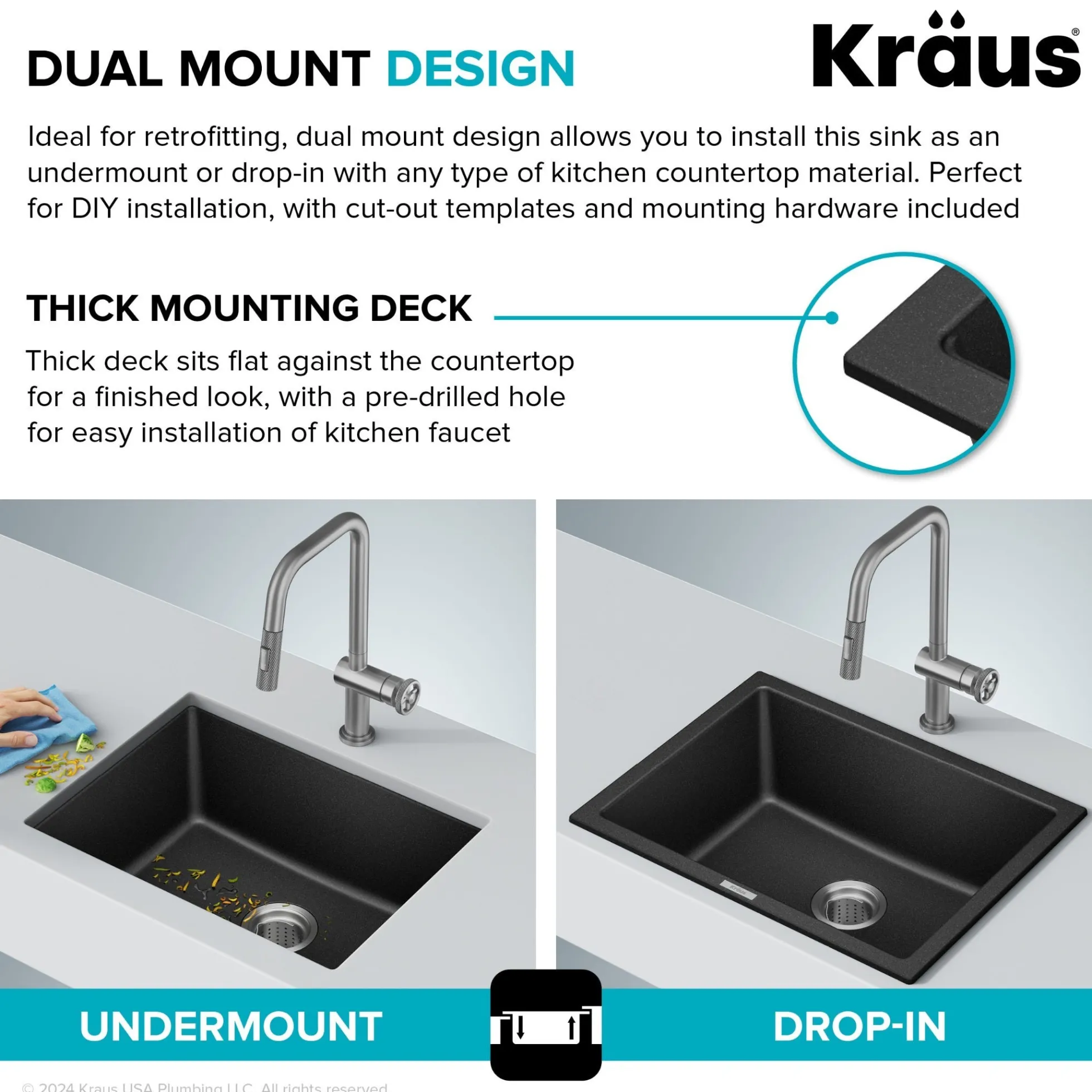 24” Drop-In / Undermount Single Bowl Granite Kitchen Sink in Black Onyx