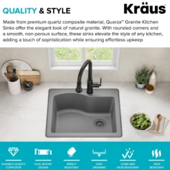 25” Drop-In / Undermount Single Bowl Granite Kitchen Sink in Grey