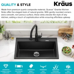 31” Drop-In / Undermount Single Bowl Granite Kitchen Sink in Black Onyx