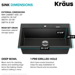 31” Drop-In / Undermount Single Bowl Granite Kitchen Sink in Black Onyx