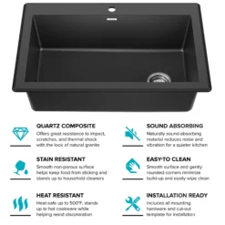 33” Drop In / Undermount Single Bowl Granite Kitchen Sink in Black
