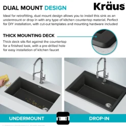 33” Drop In / Undermount Single Bowl Granite Kitchen Sink in Black