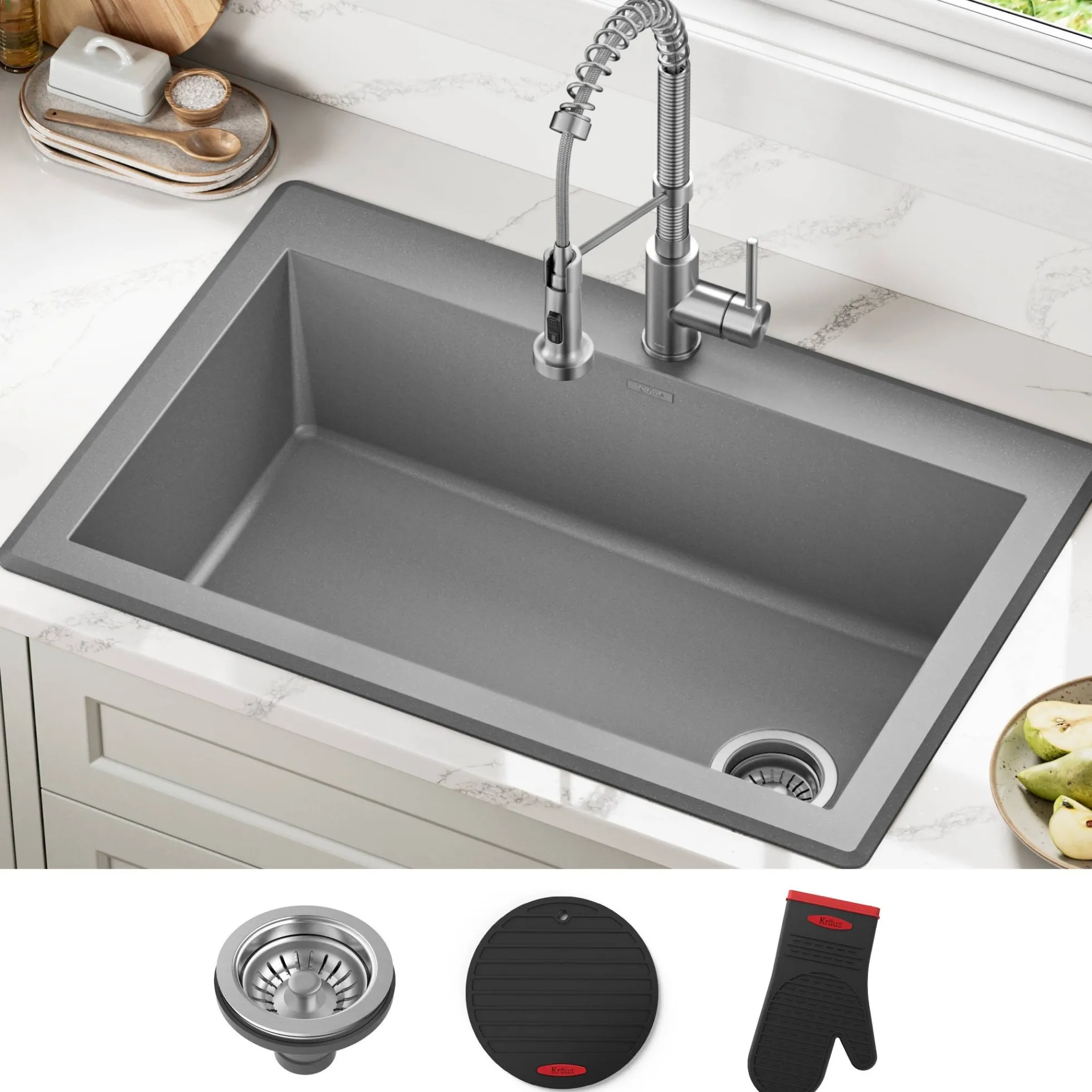 33” Drop In / Undermount Single Bowl Granite Kitchen Sink in Grey