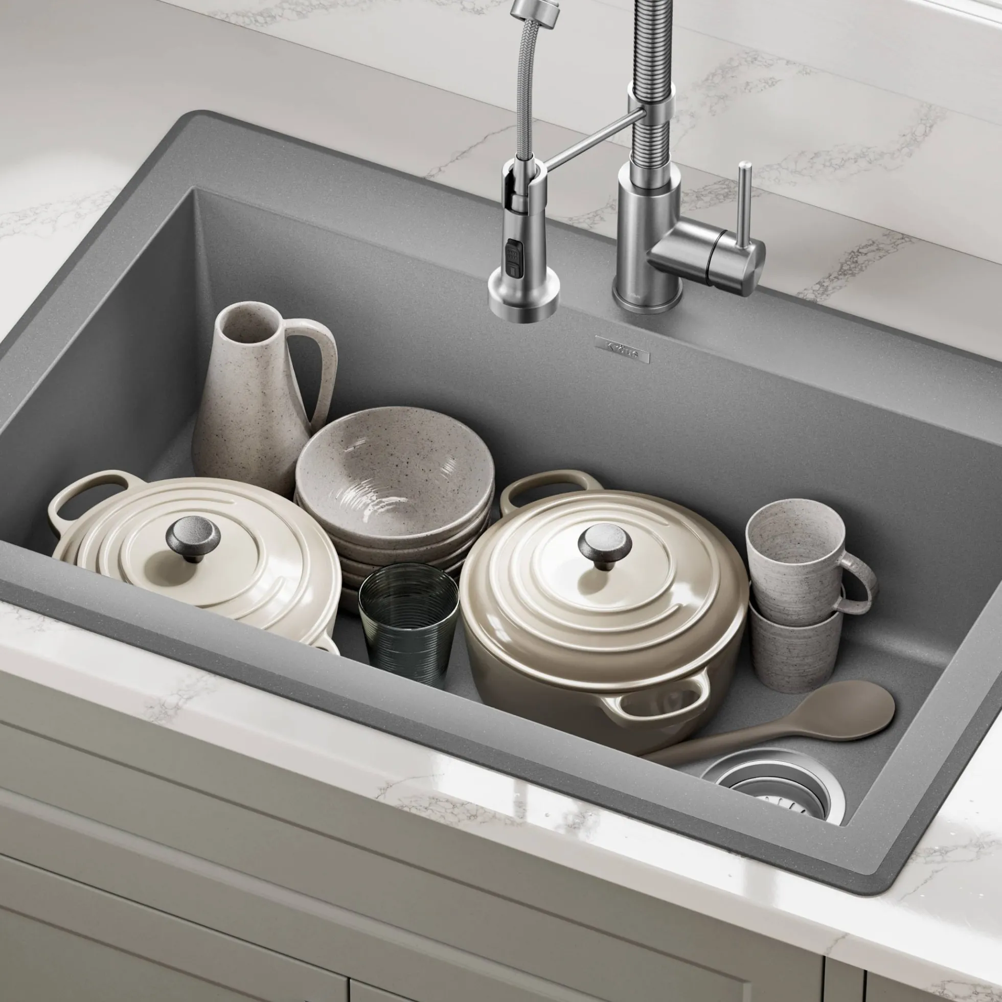 33” Drop In / Undermount Single Bowl Granite Kitchen Sink in Grey