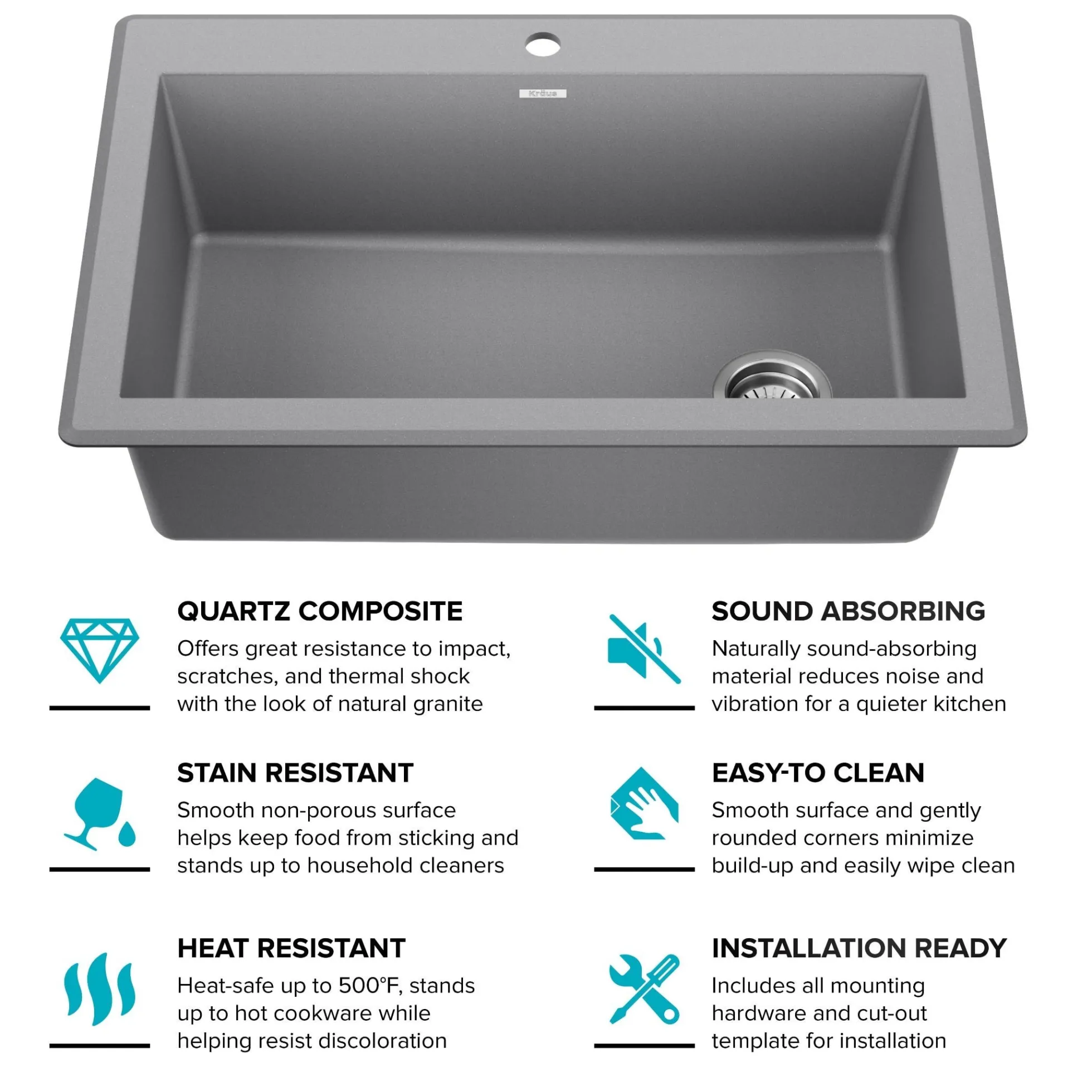 33” Drop In / Undermount Single Bowl Granite Kitchen Sink in Grey