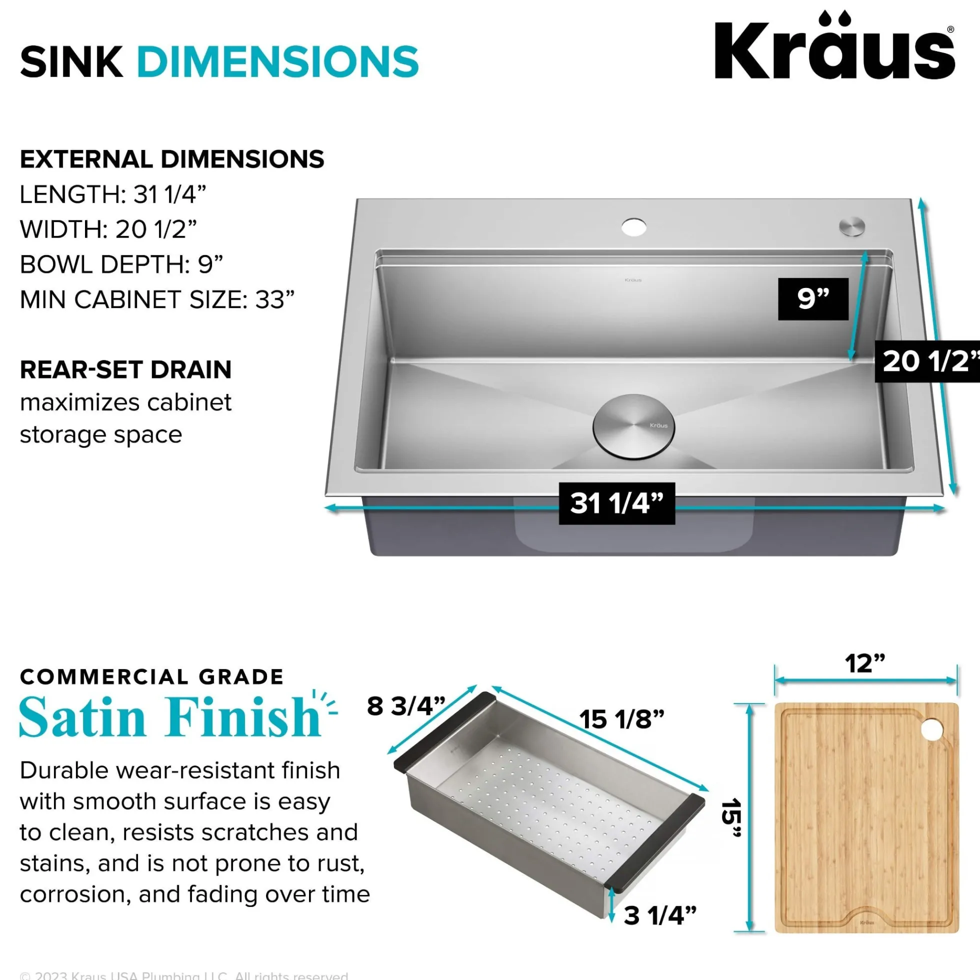 32" Drop In / Undermount Workstation 18 Gauge Single Bowl Stainless Steel Kitchen Sink with Accessories