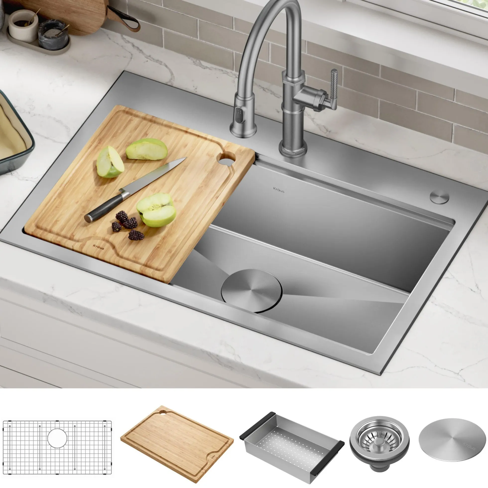 32" Drop In / Undermount Workstation 18 Gauge Single Bowl Stainless Steel Kitchen Sink with Accessories