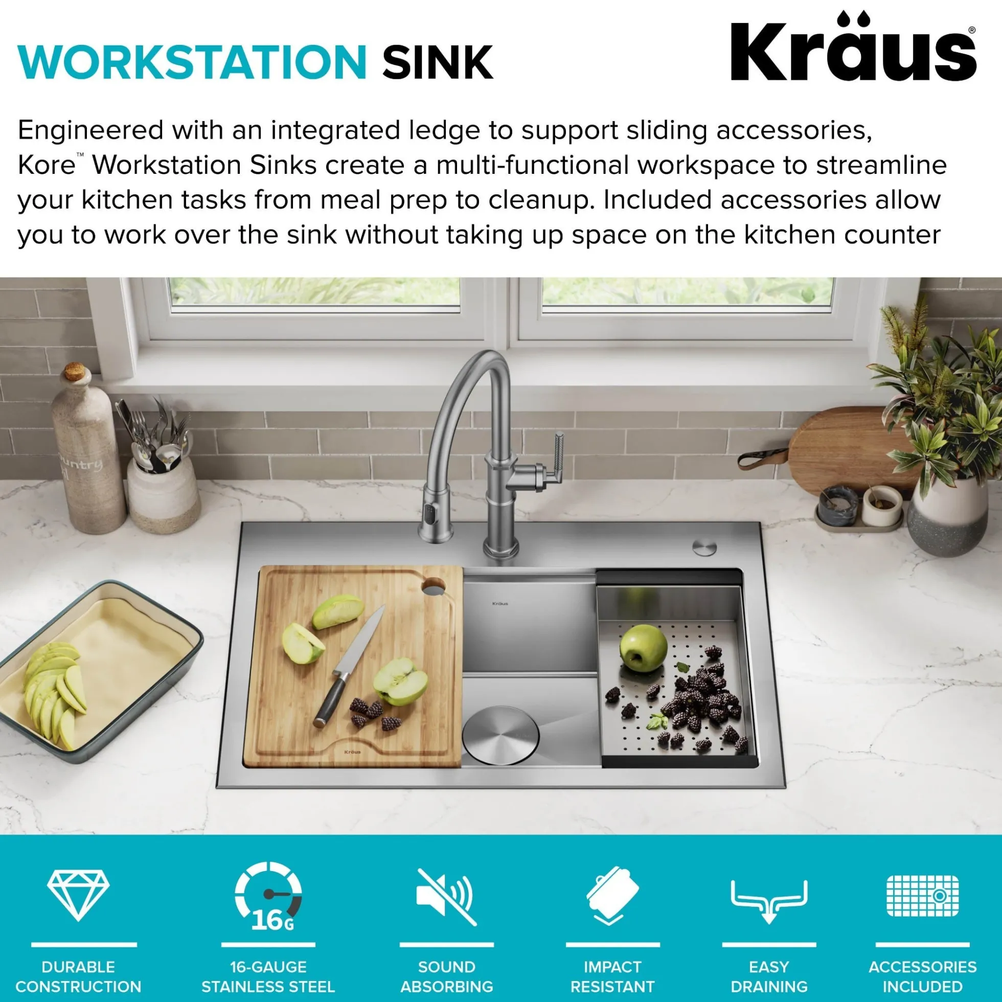 32" Drop In / Undermount Workstation 18 Gauge Single Bowl Stainless Steel Kitchen Sink with Accessories