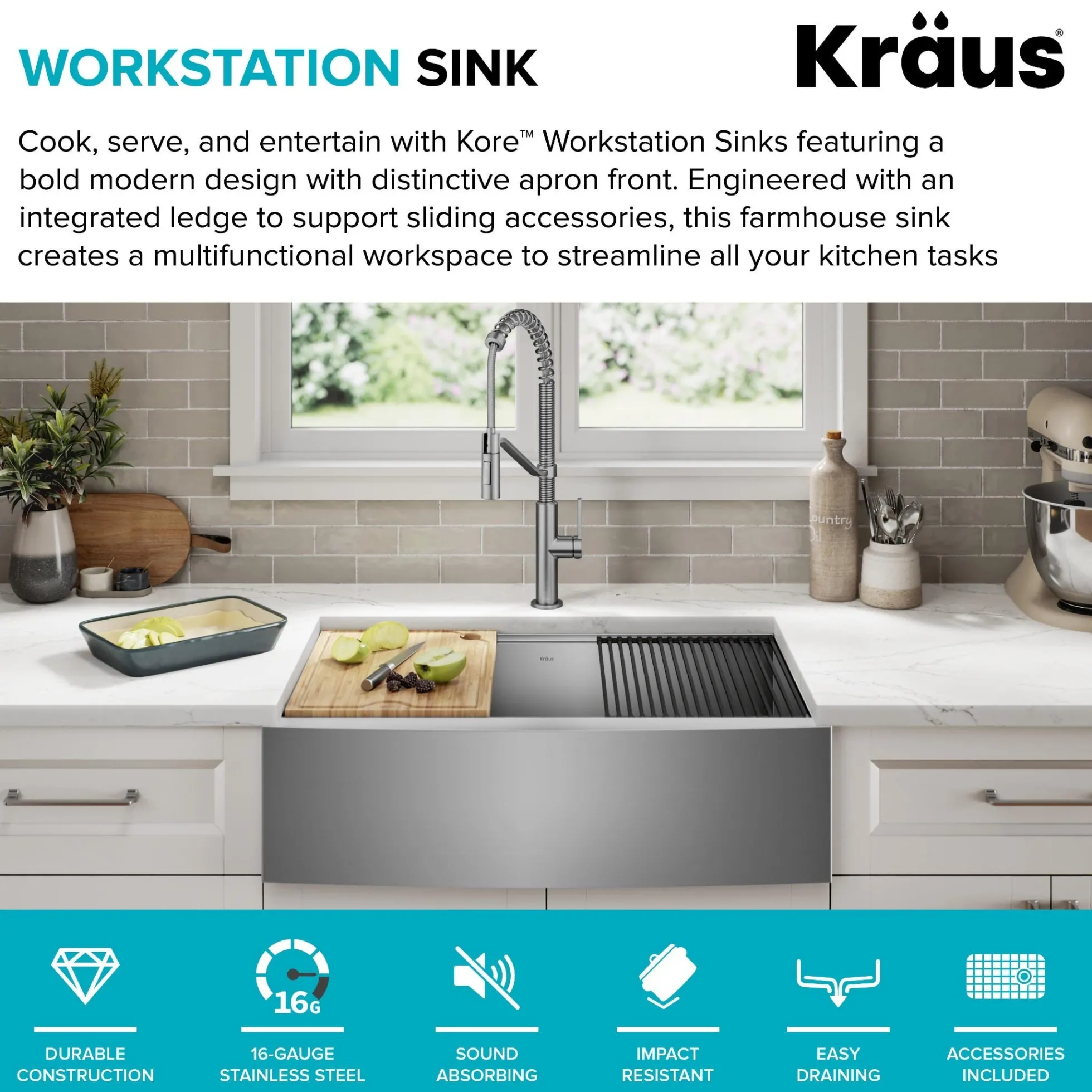 33" Farmhouse Workstation 16 Gauge Single Bowl Stainless Steel Kitchen Sink with Accessories