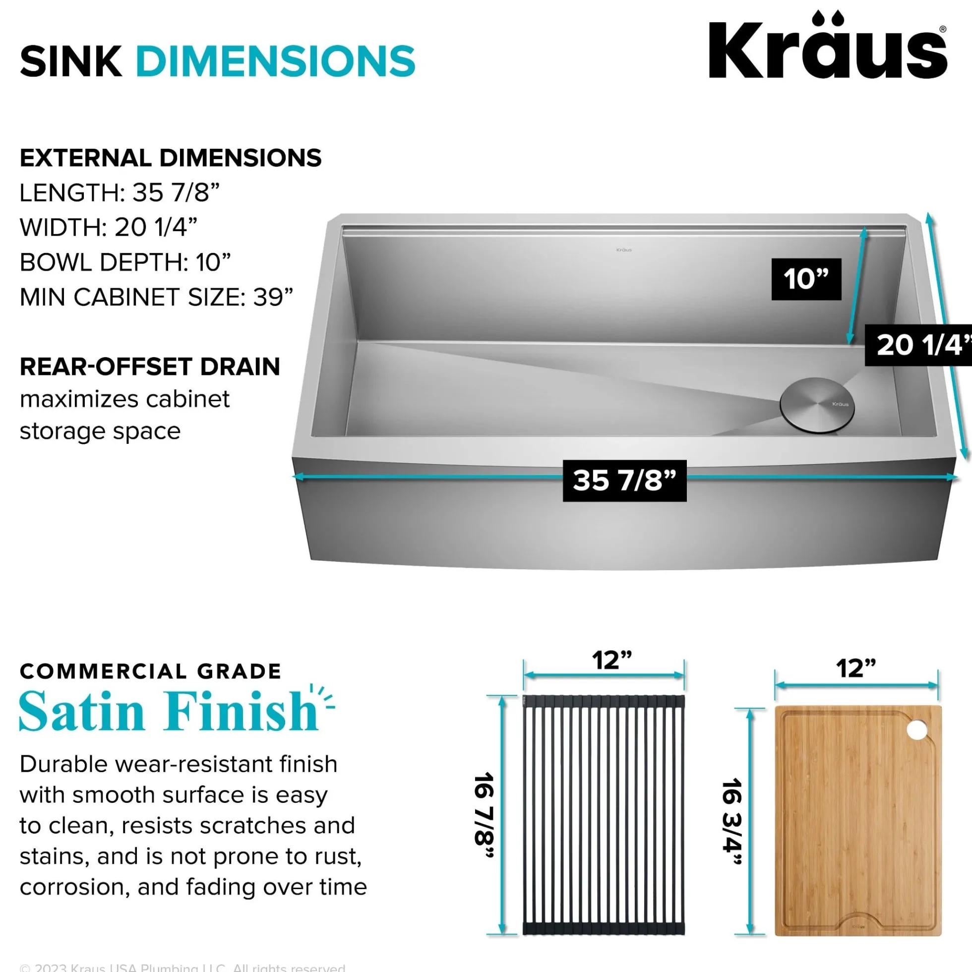36" Farmhouse Workstation 16 Gauge Single Bowl Stainless Steel Kitchen Sink with Accessories