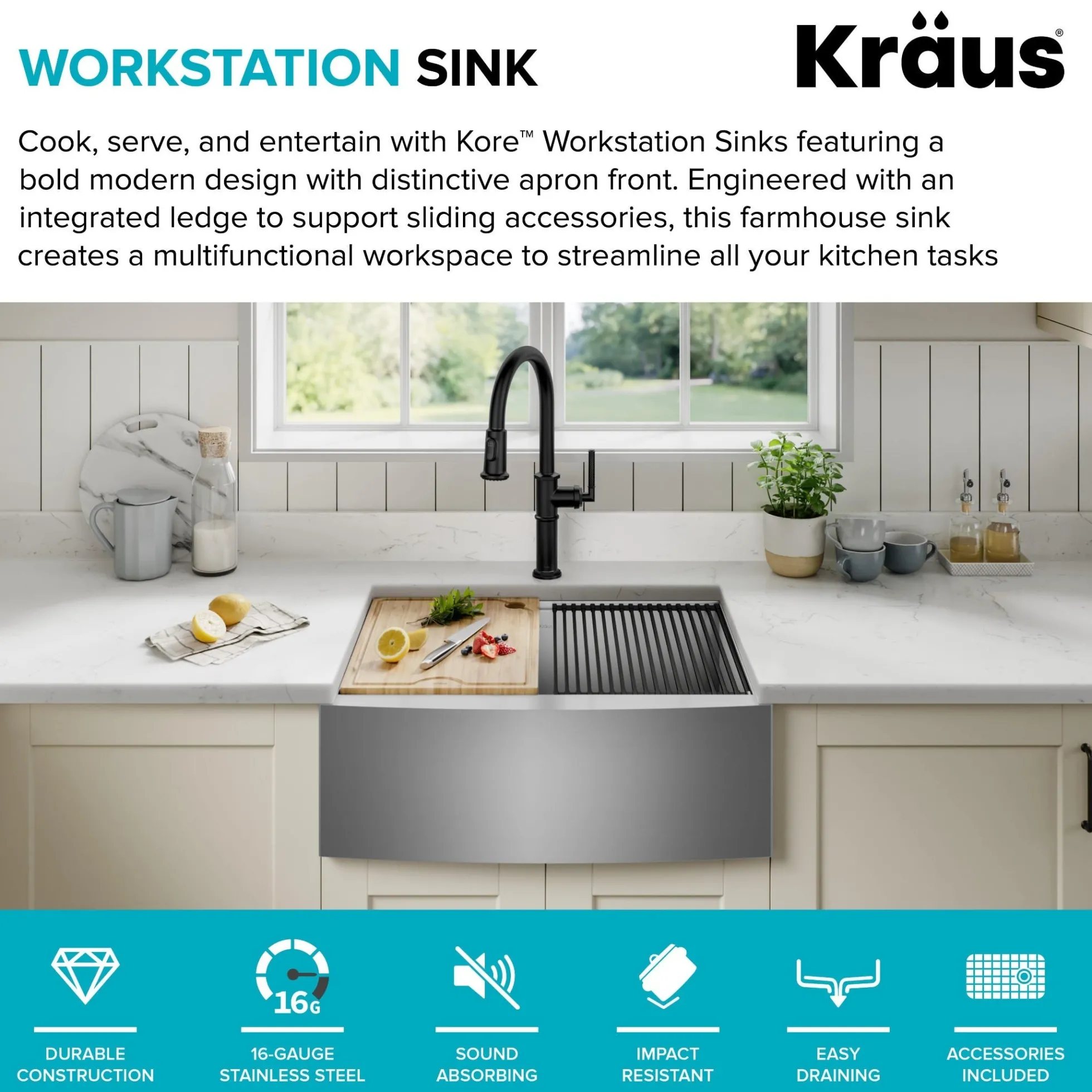 27" Farmhouse Workstation 16 Gauge Single Bowl Stainless Steel Kitchen Sink with Accessories