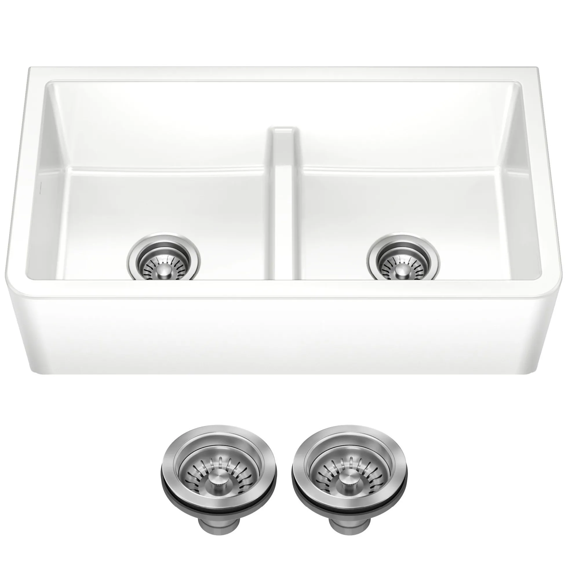 33” Fireclay Farmhouse Kitchen Sink Reversible Apron Front Double Bowl with Low Divider in Gloss White