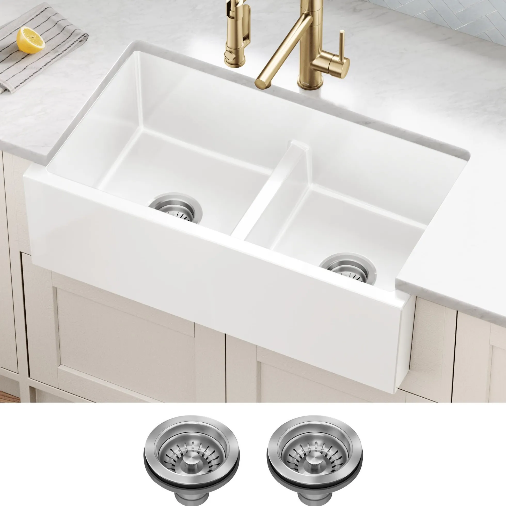 33” Fireclay Farmhouse Kitchen Sink Reversible Apron Front Double Bowl with Low Divider in Gloss White