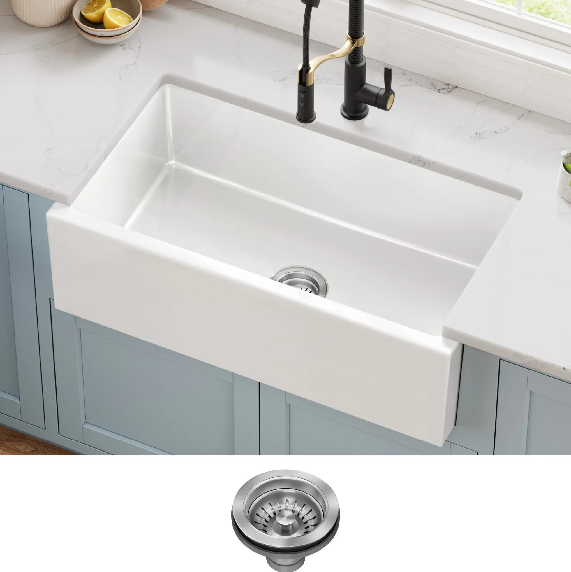 33” Fireclay Farmhouse Kitchen Sink Reversible Apron Front Single Bowl in Gloss White