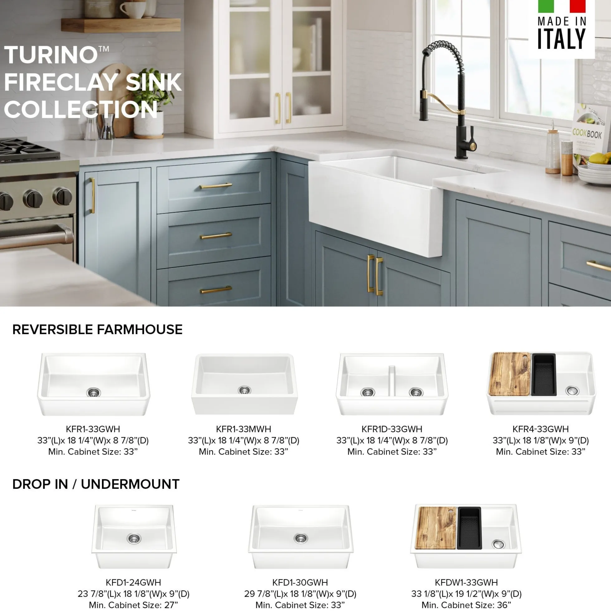 33” Fireclay Farmhouse Kitchen Sink Reversible Apron Front Single Bowl in Gloss White
