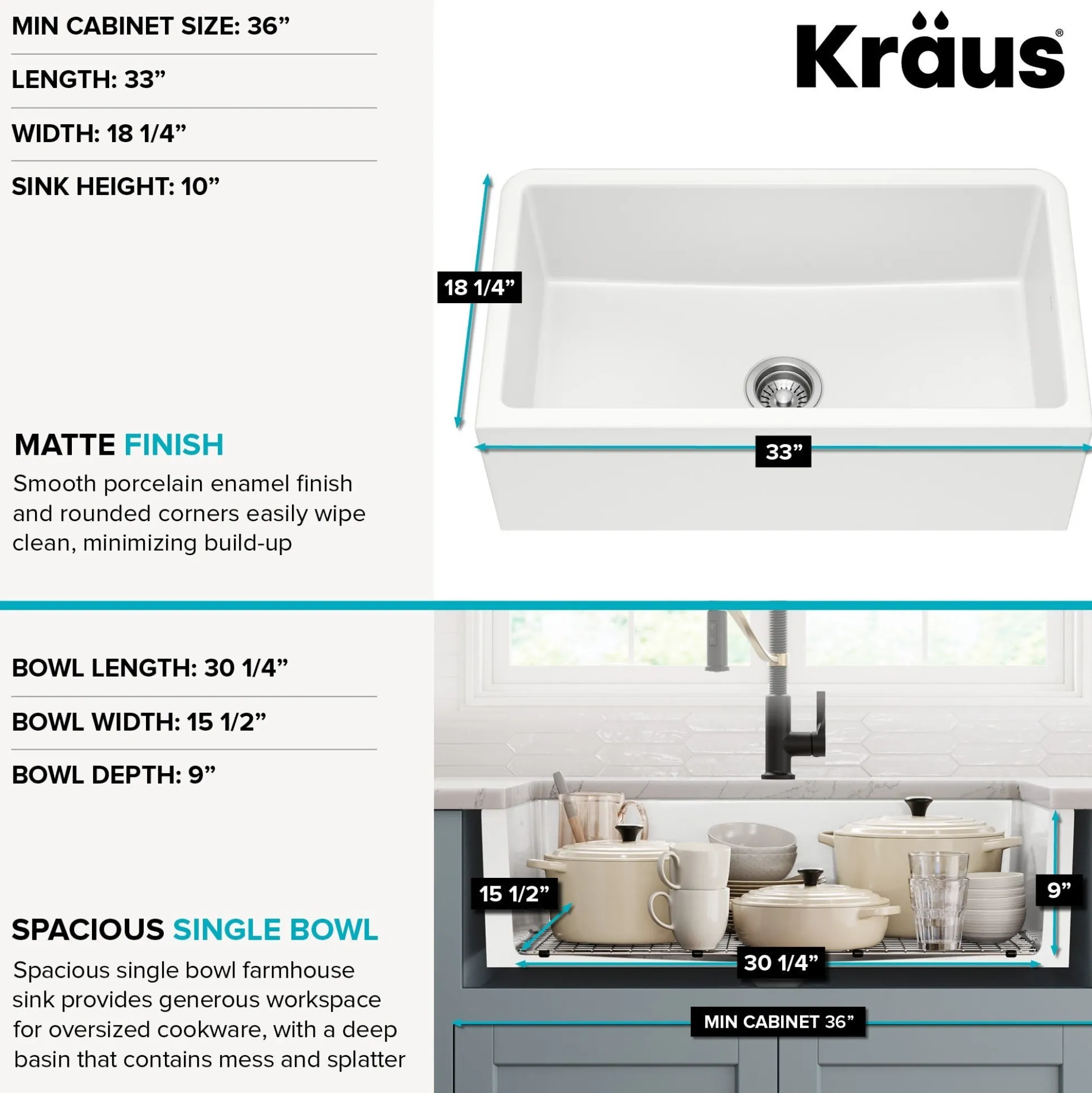 33” Fireclay Farmhouse Kitchen Sink Reversible Apron Front Single Bowl in Matte White
